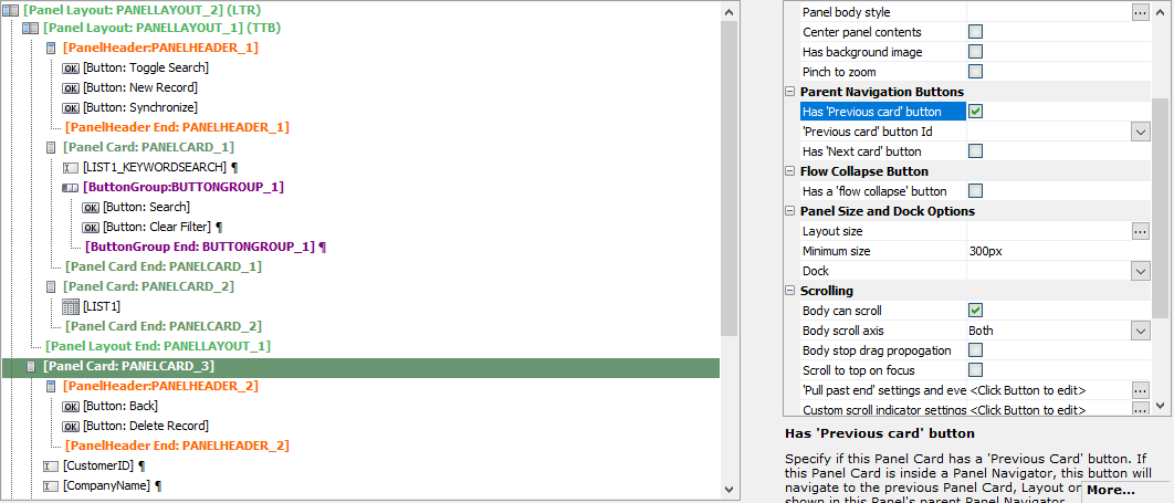 Check the box for Has 'Previous card' button to enable
display of the 'Previous card' button ID property.